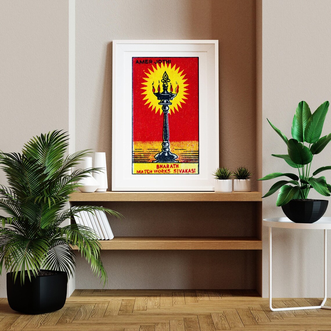 Amer Jothi Oil Lamp Sunburst Indian Matchbox Vintage Art Poster - Image 2