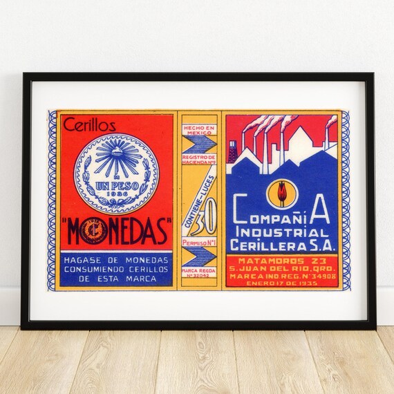 Mexican Matchbox Label Art Print Vintage Industrial Graphic Design Collectible Wall Decor Unique Gift Idea Retro Style Poster A4