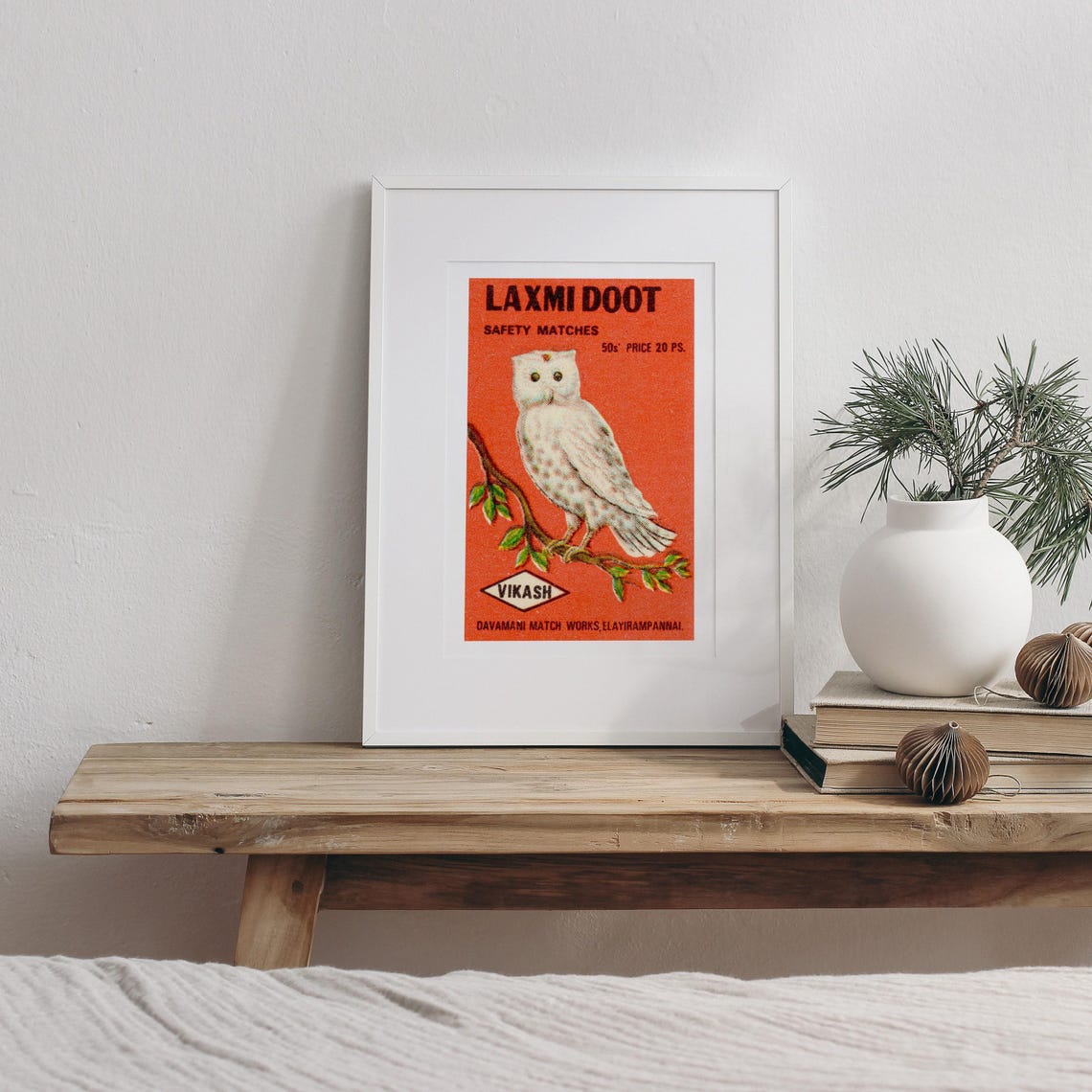 Laxmi Doot White Owl Vintage Indian Matchbox Label Art Poster - Image 3