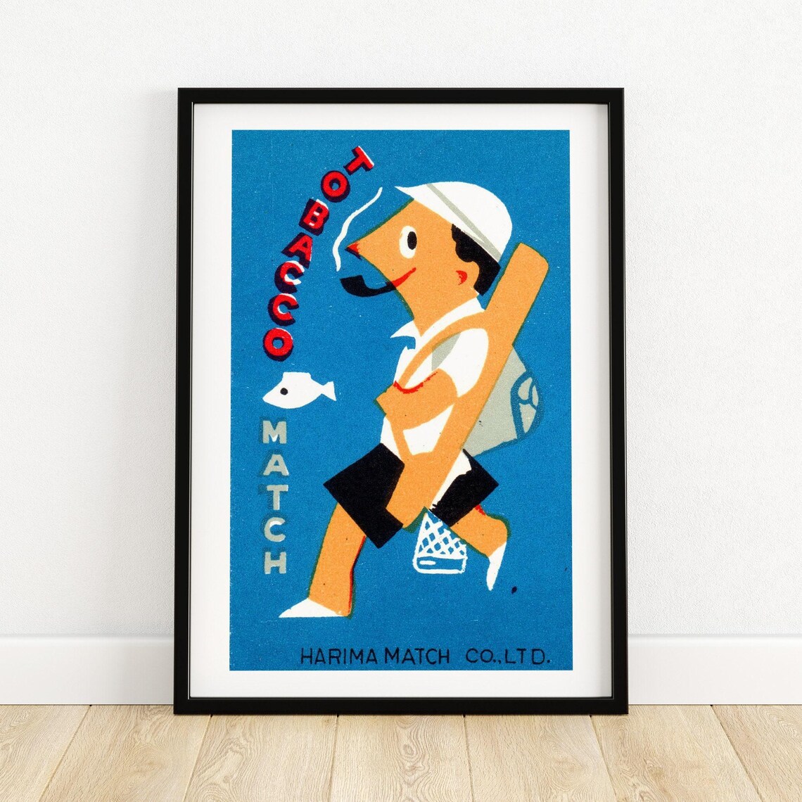 Fisherman Smoking Tobacco Match Harima Japanese Matchbox Poster Art