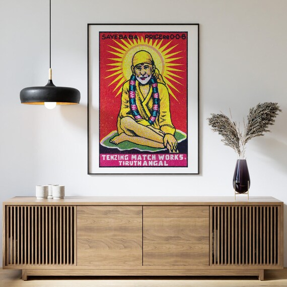 Sai Baba Yogi Matchbox Print India Wall Art Vintage India Art Matchbox Wall Poster Vintage Poster Print