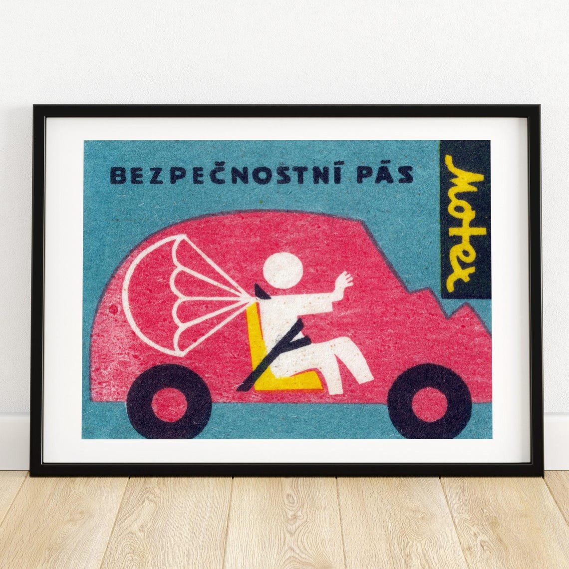 Seatbelt Safety Crash Vintage Czech Matchbox Label Art Poster