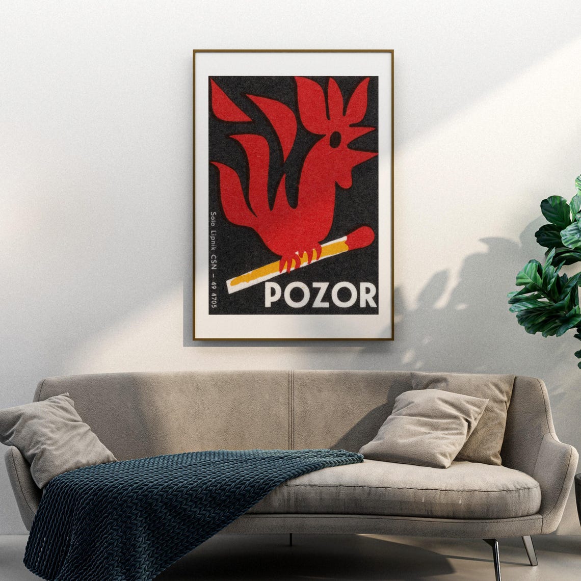 Red Rooster on Match Vintage Czech Pozor Caution Matchbox Art Poster - Image 3