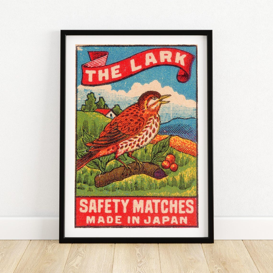 The Lark Bird Vintage Japanese Matchbox Label Bird Art Poster