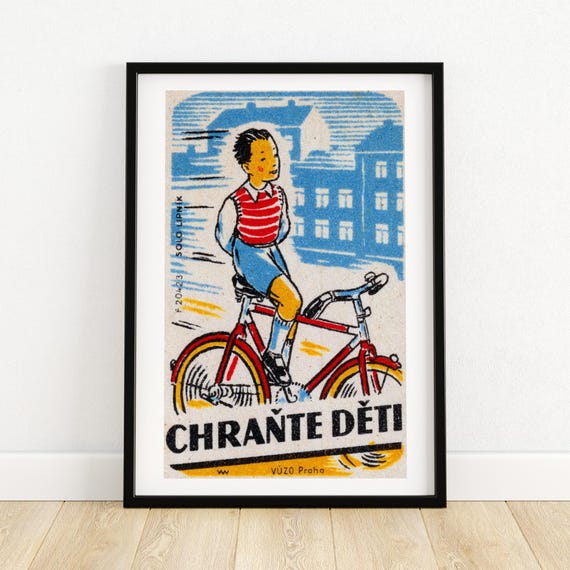 Boy Cycling Matchbox Print, Vintage Czech Poster