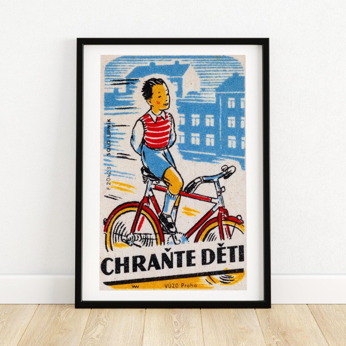 Boy Cycling Matchbox Print, Vintage Czech Poster