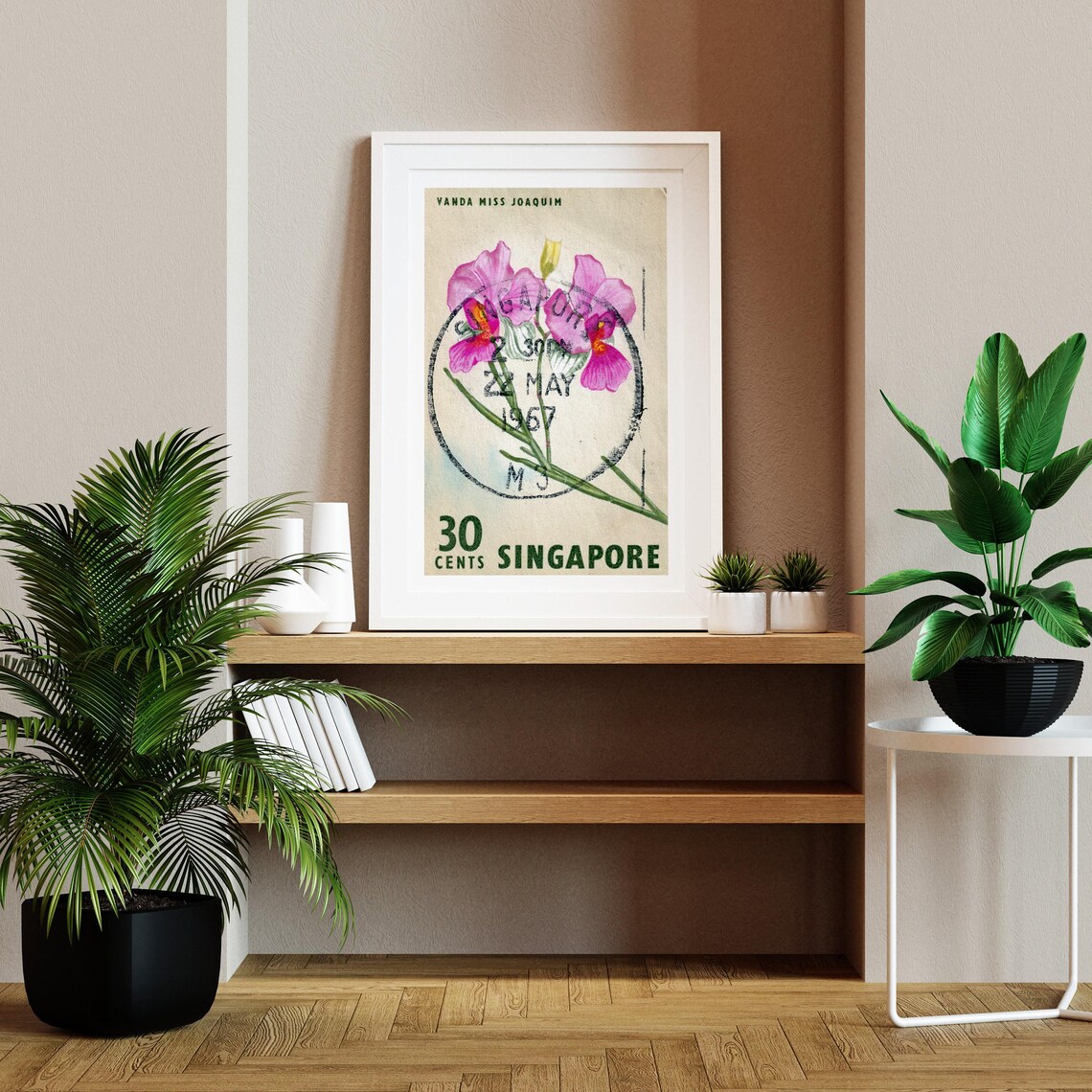Purple Flowers Singapore Postage Stamp, Vintage Poster - Image 2
