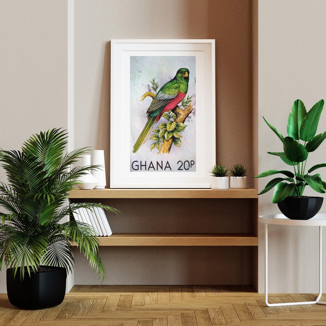 Ghana 20P Green and Crimson Tropical Bird Vintage Stamp Art Poster - Image 2
