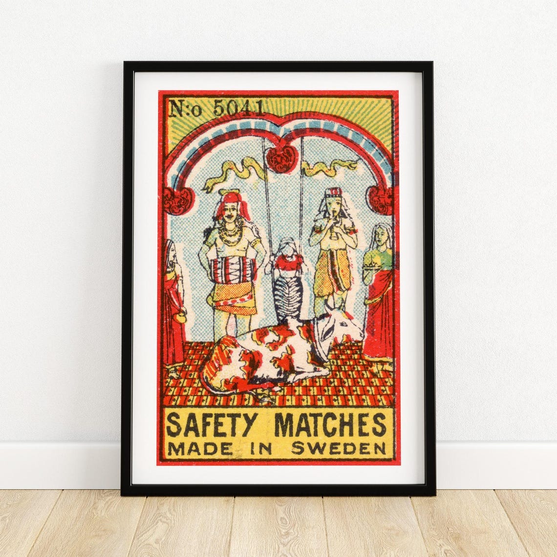 Indian Festival Temple Scene Cow Swedish Safety Matches Poster