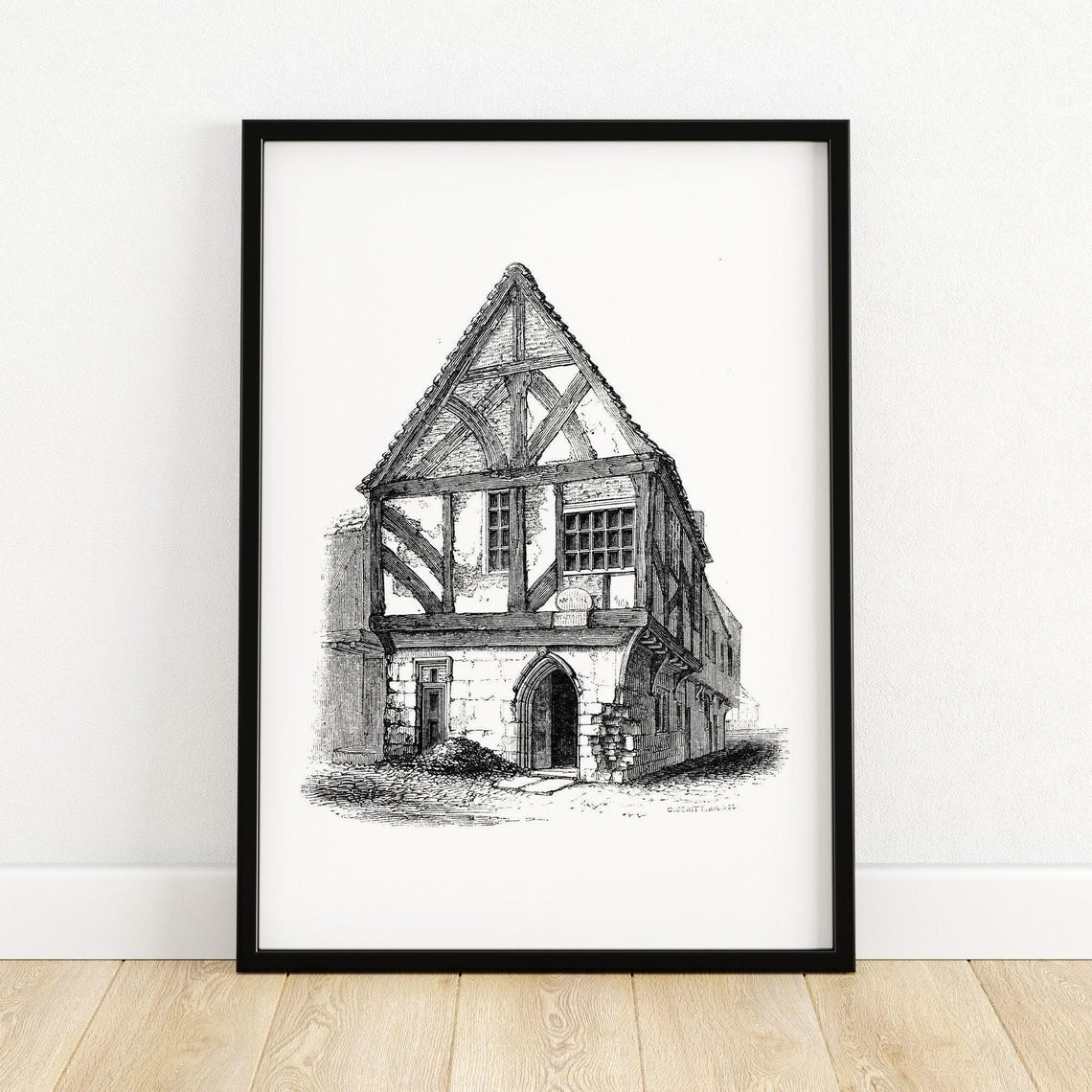 Historic Newgate York Half Timbered Medieval House Engraving Print