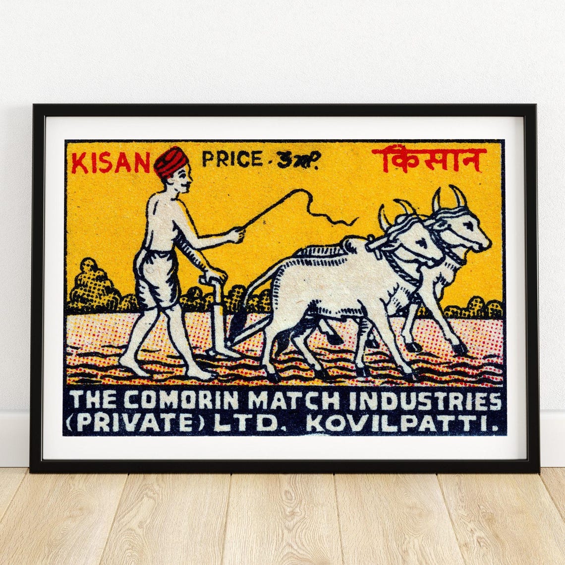Kisan Farmer Oxen Plow Vintage Indian Safety Matches Label Poster