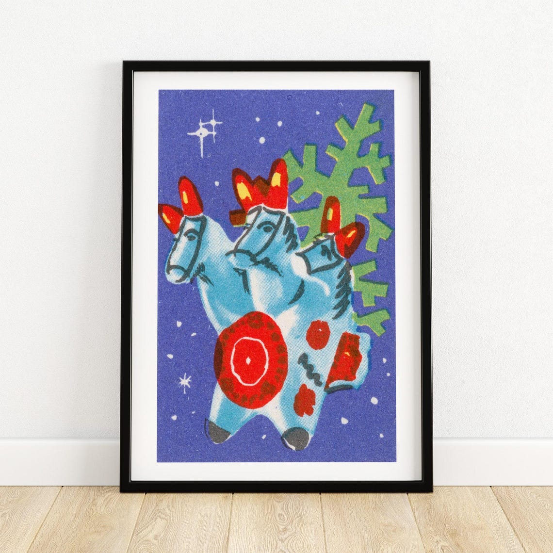 Blue Dymkovo Horse New Year Night Vintage Soviet Folk Toy Print