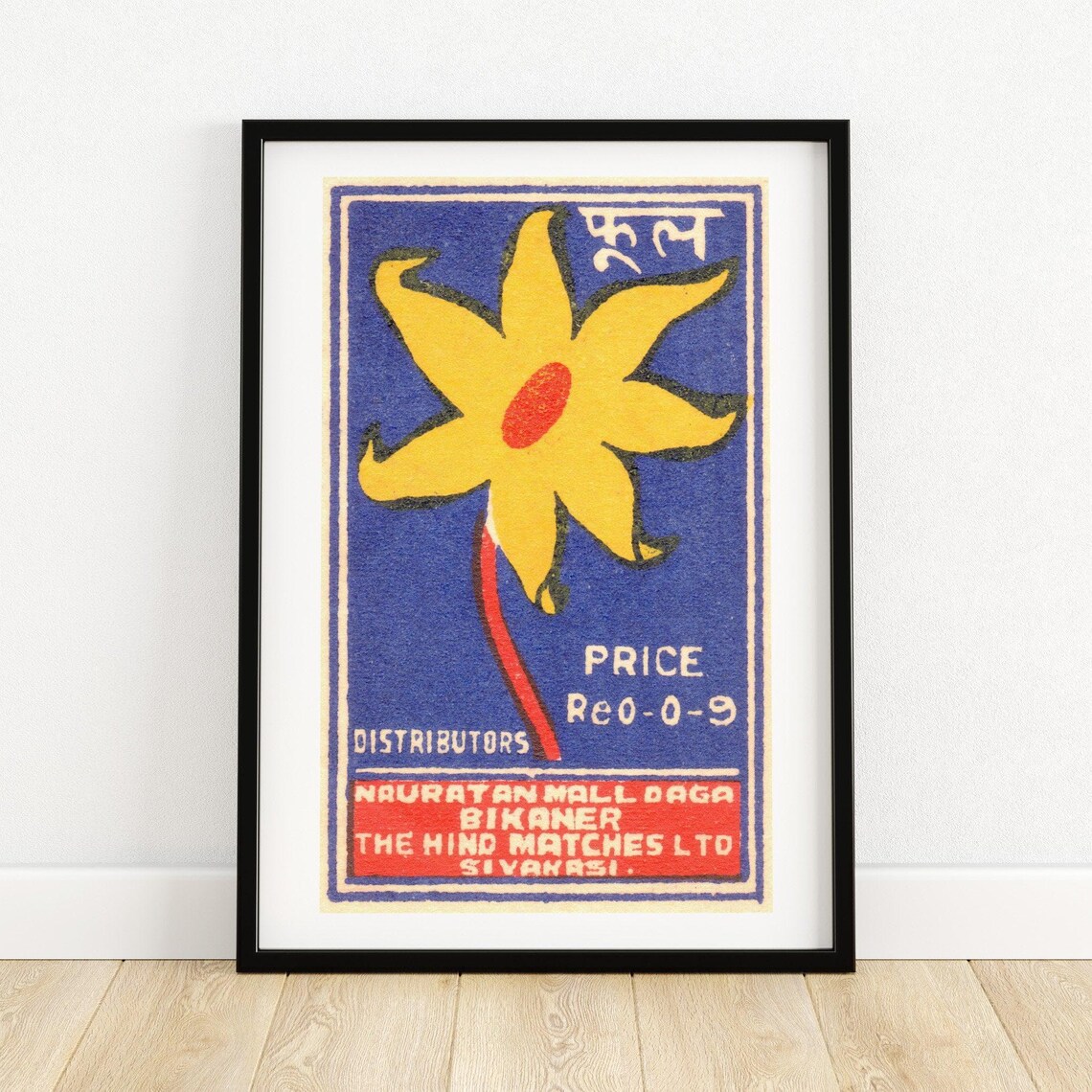 Indian Matchbox Label Yellow Flower Blue Ground Vintage Art Poster