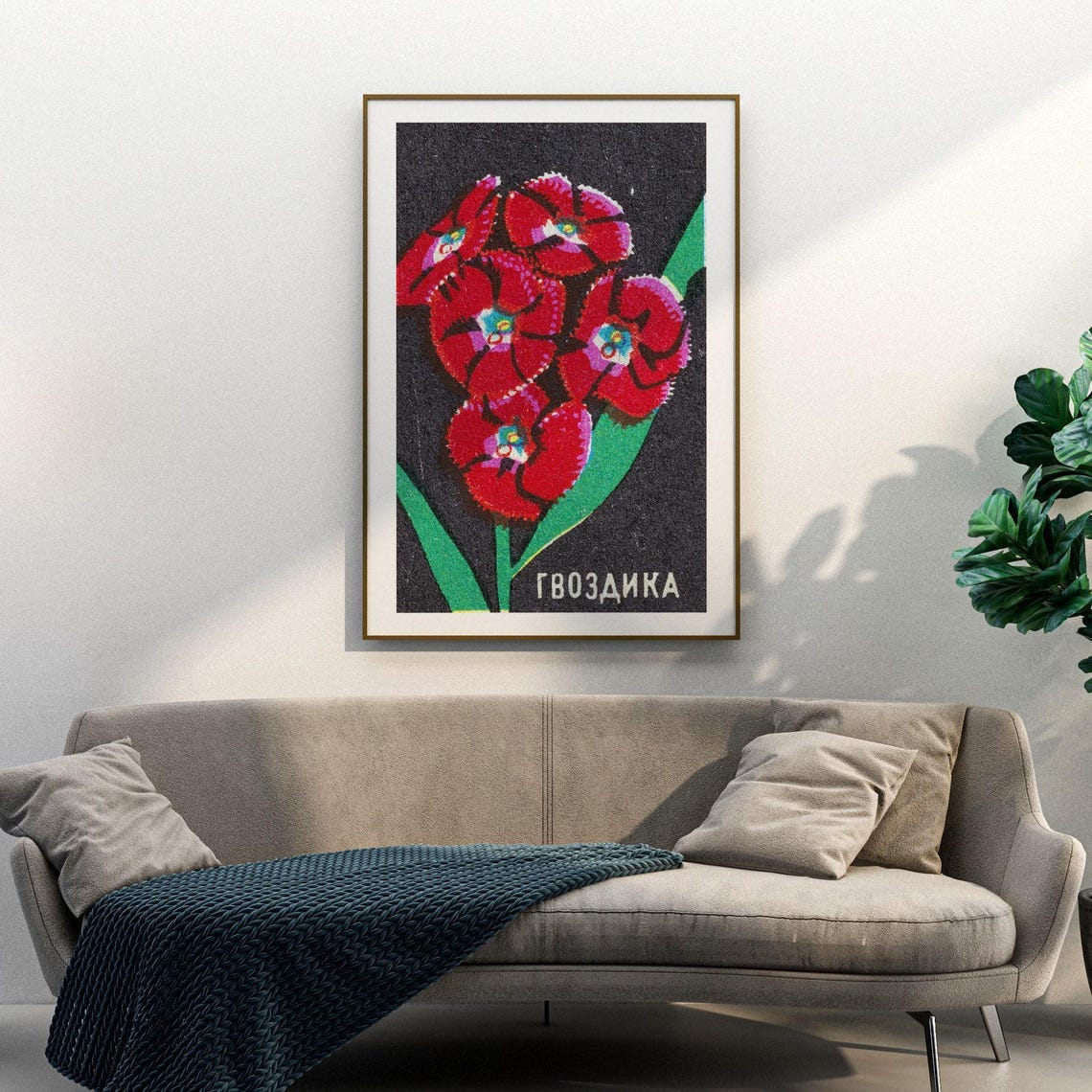 Soviet Carnation Flower Matchbox Red Floral Vintage Botanical Poster - Image 3