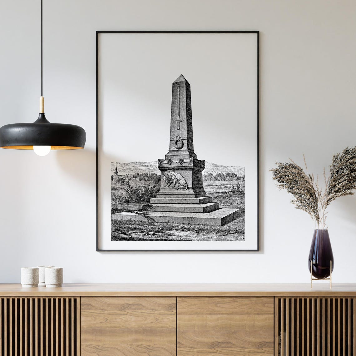 Obelisk War Memorial With Lion Relief 1870 French Engraving Poster - Image 4
