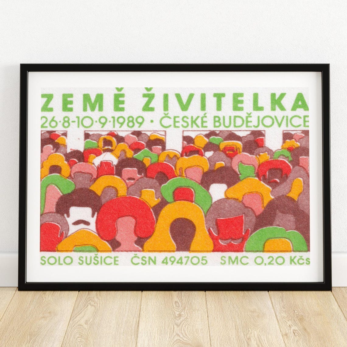 Zeme Zivitelka 1989 Czech Exhibition Crowd Vintage Label Poster