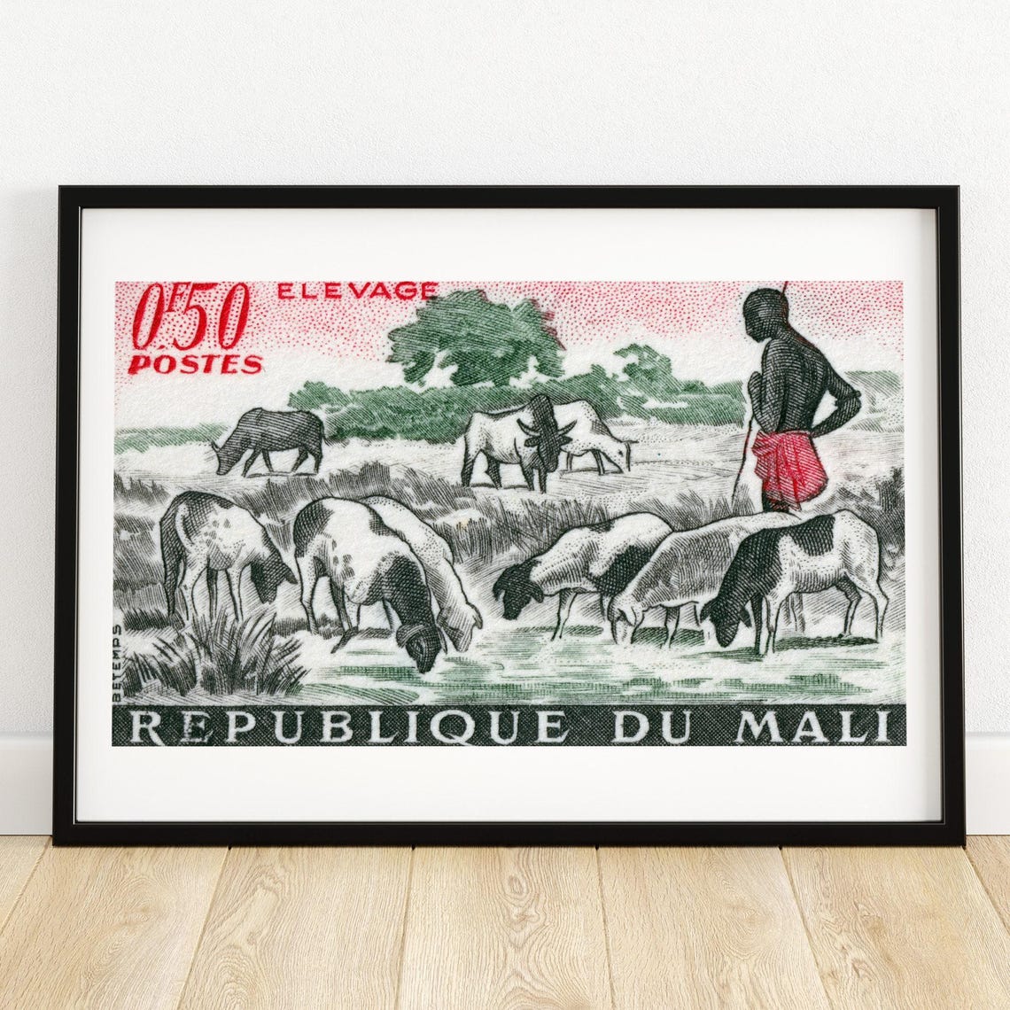 Mali Elevage Herdsman With Cattle Vintage French Stamp Art Poster