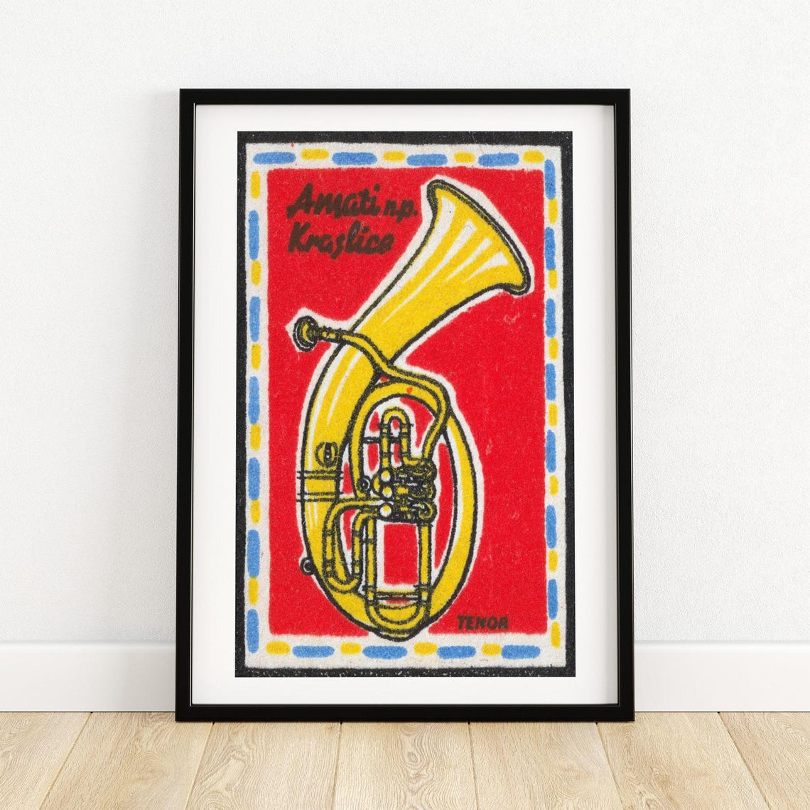 Amati Kraslice Tenor Horn Yellow On Red Matchbox Label Art Poster
