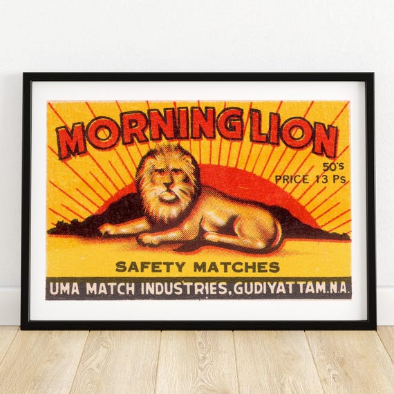 Morning Lion Matchbox Art Print Vintage Safety Matches Poster Bold Graphic Wall Decor Retro Lion Design Unique Collectible Gift A4