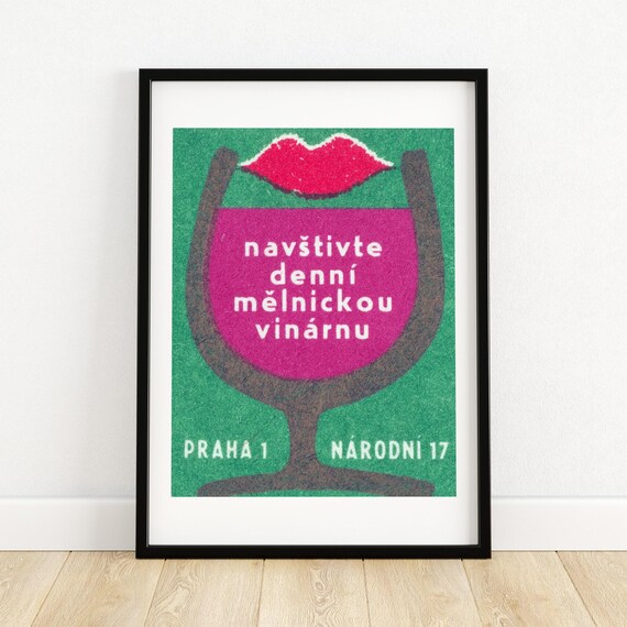 Melnicka Wine Bar Prague Wine Glass Lips Czech Label Art Poster