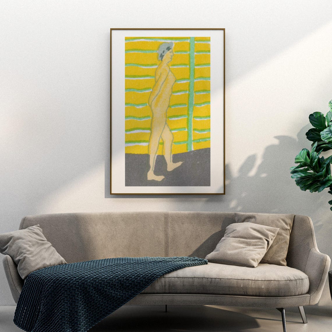 Walking Woman Yellow Green Stylized Figure Vintage Art Print - Image 3