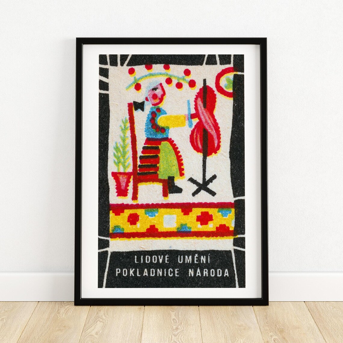 Czech Folk Art Woman Spinning Wheel Vintage Matchbox Label Poster