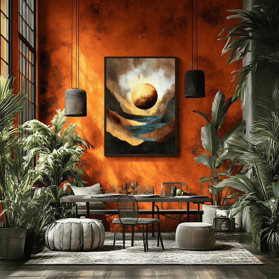 Golden Sun Modern Abstract Landscape Dark Peaks Blue Water Art Poster - Image 3