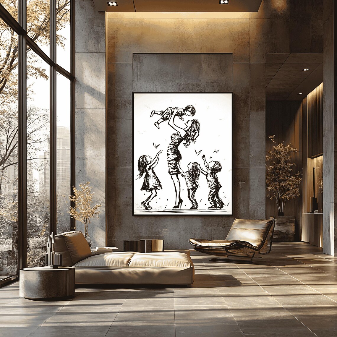 Mother Lifting Child Ink Sketch Joyful Family Four Kids Playful Poster - Image 3