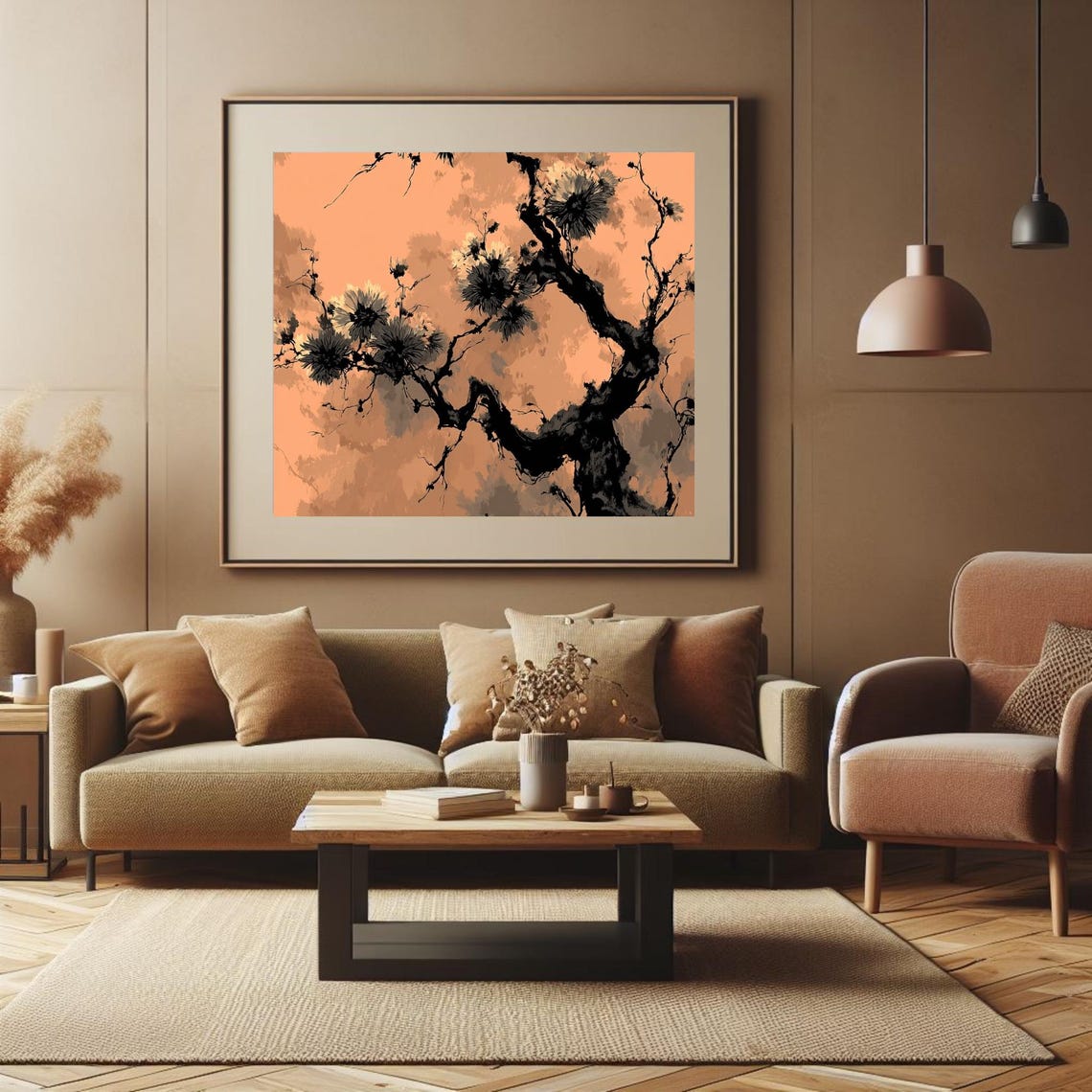 Japanese Cherry Blossom Wall Art Tree Ink Painting Poster Elegant Home Decor Zen For - Image 3