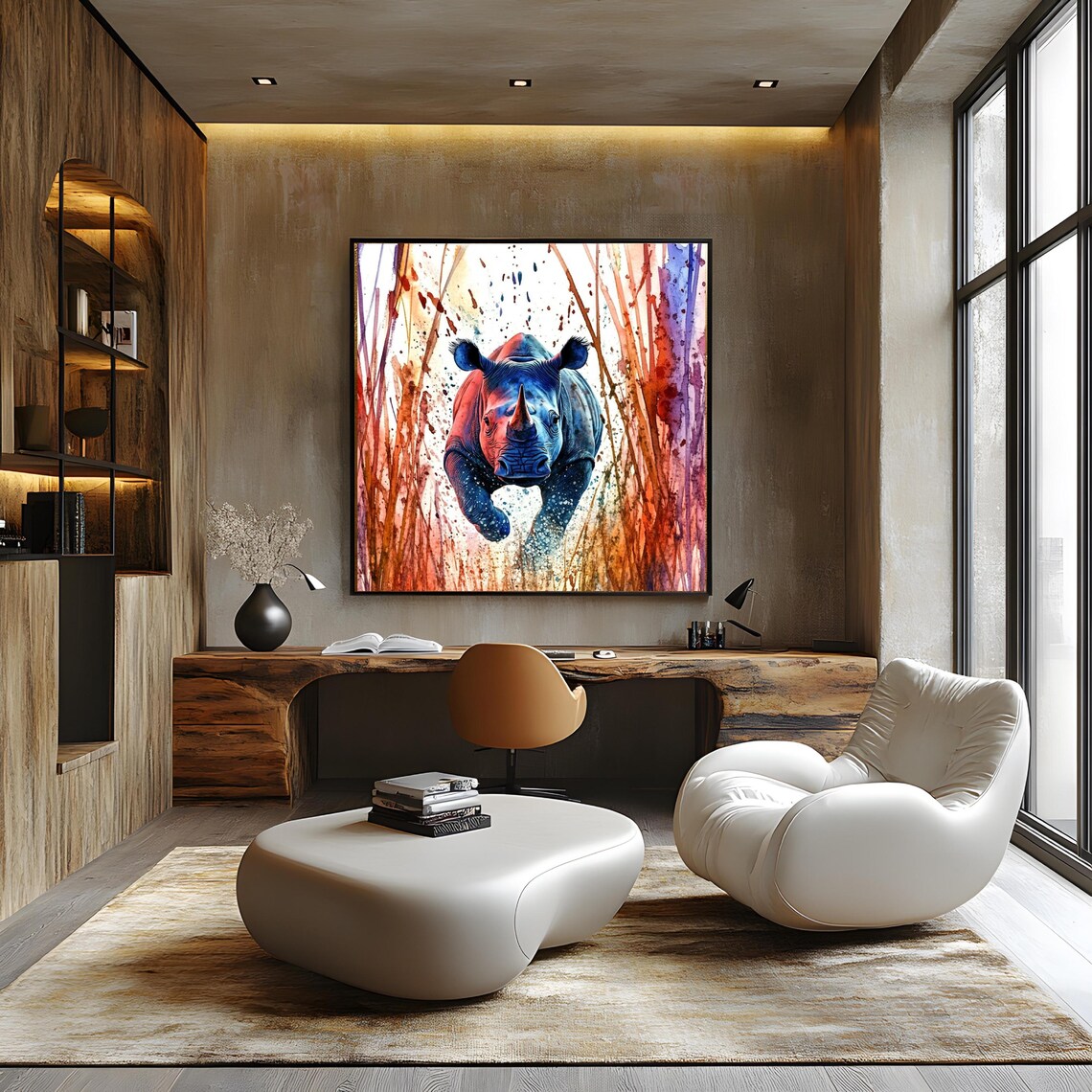 Charging Rhino Watercolor Splash Expressive Wildlife Safari Art Poster - Image 3