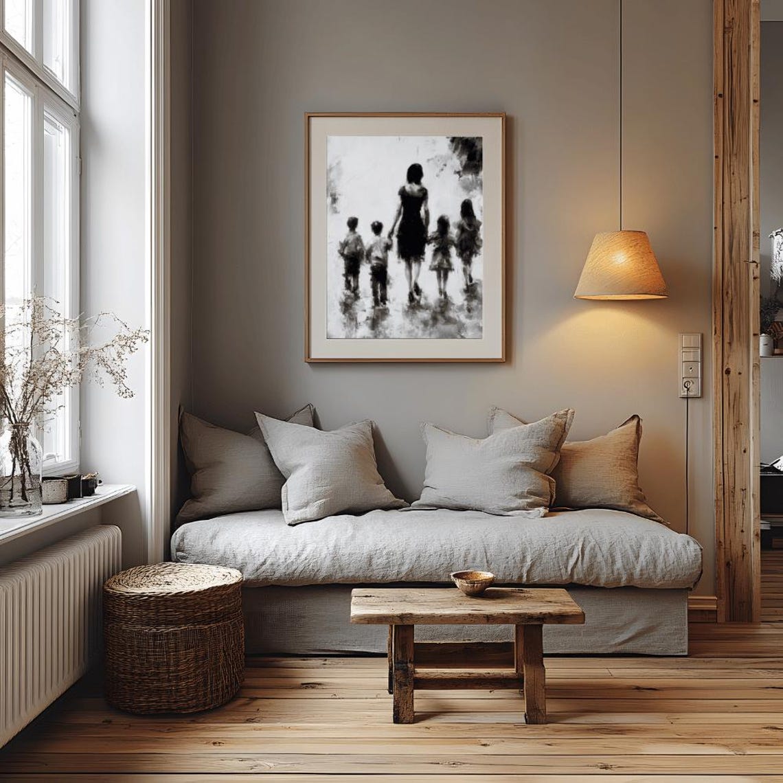Mother Four Children Walking Silhouette Monochrome Tender Art Poster - Image 3