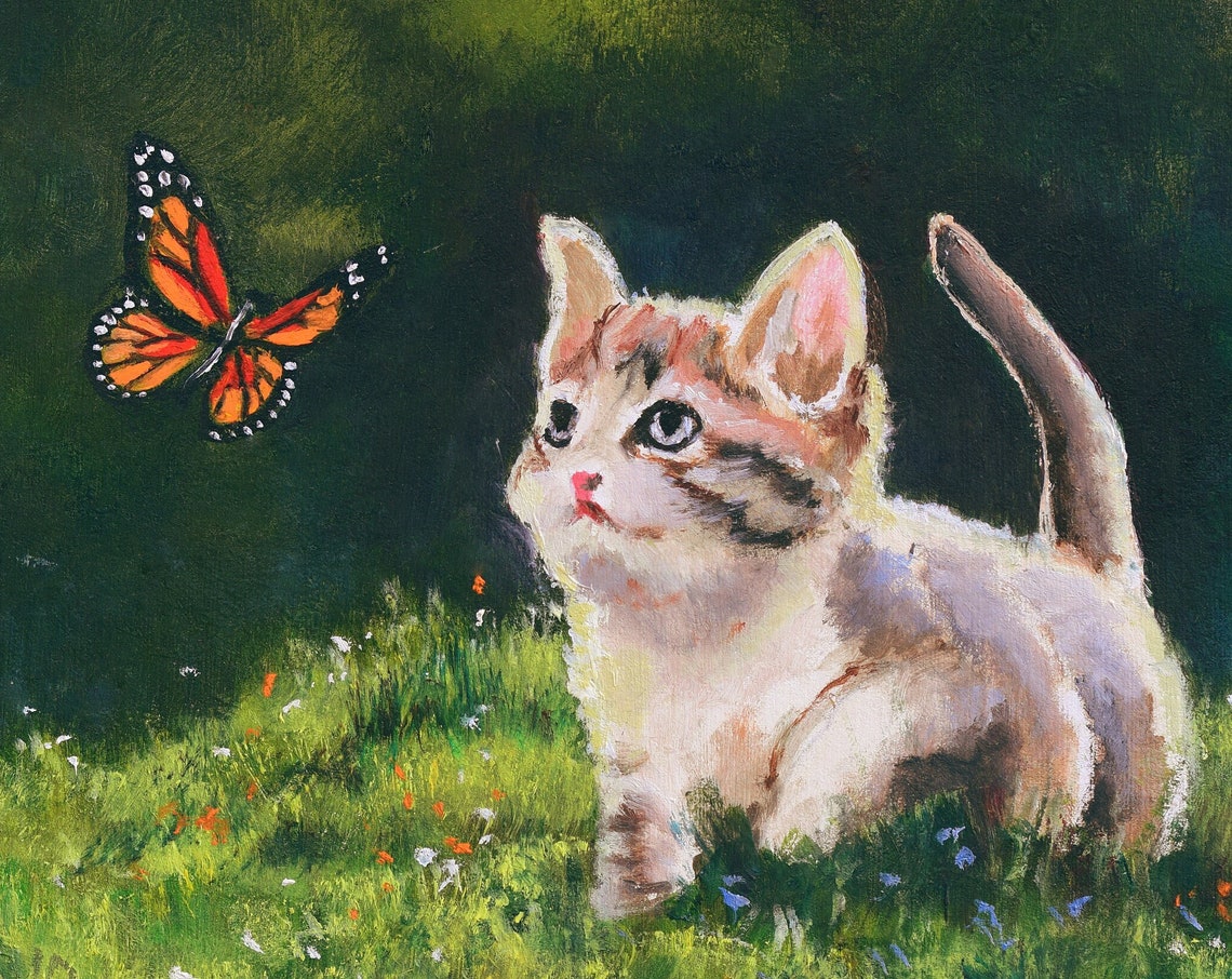 Curious Kitten Watching a Monarch Butterfly in the Garden Poster