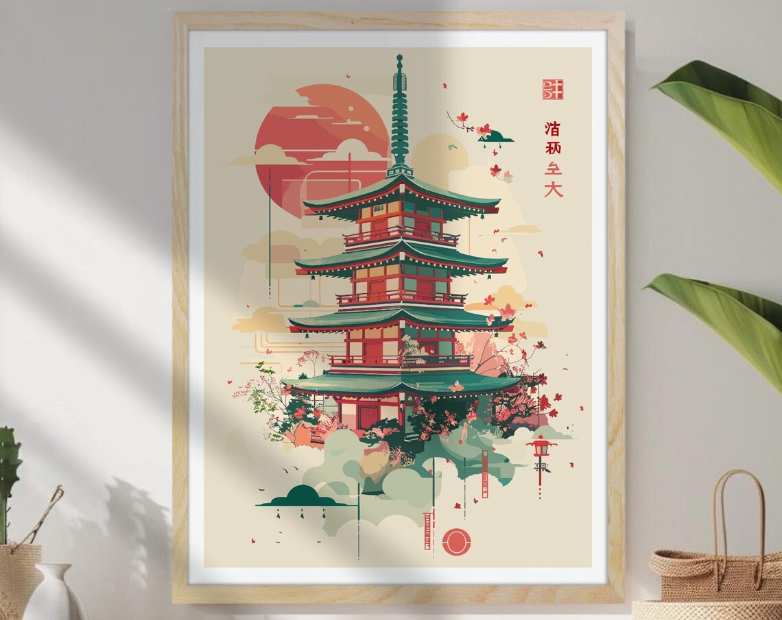 Japanese Five Story Pagoda Red Sun Cherry Blossoms Zen Poster