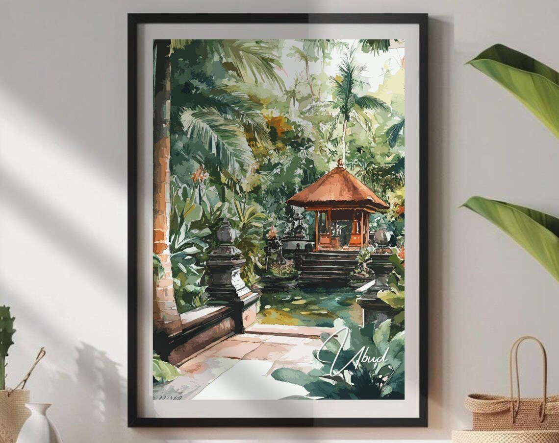 Ubud Bali Temple Pavilion Tropical Garden Watercolor Art Poster