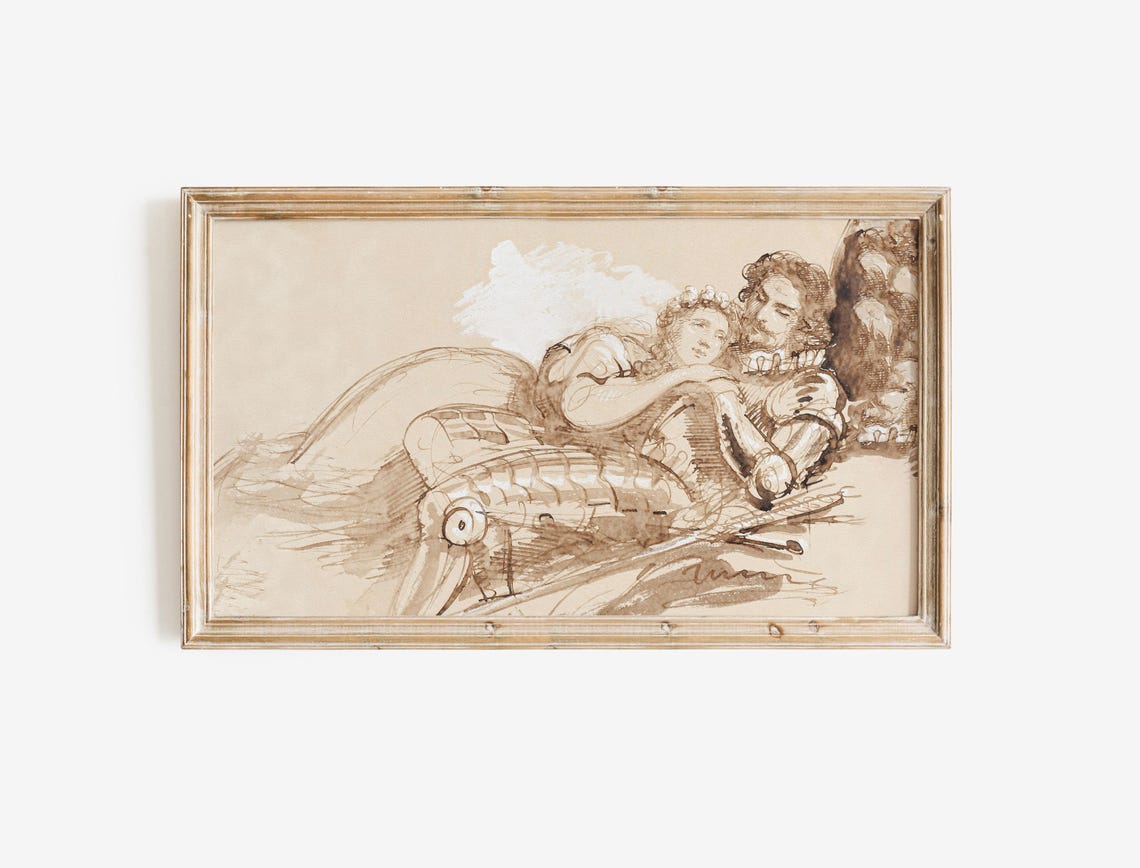 Sepia Ink Sketch Romantic Couple Antique Drawing Love Art Poster - Image 2