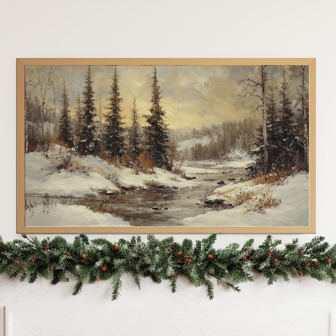 Winter Snowy Forest Stream Painting Golden Sky Tall Pines Poster - Image 4