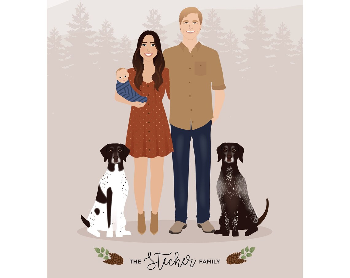 Custom Couple with Baby and Two Hunting Dogs Illustration Poster