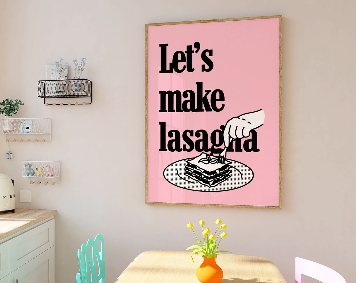 Lets Make Lasagna Pink Pop Art Italian Kitchen Food Quote Poster - Image 3