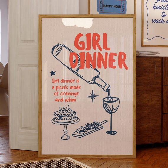Cute Girl Dinner Art Print Poster Minimalist Food Preppy Girly Retro Wine Lovers