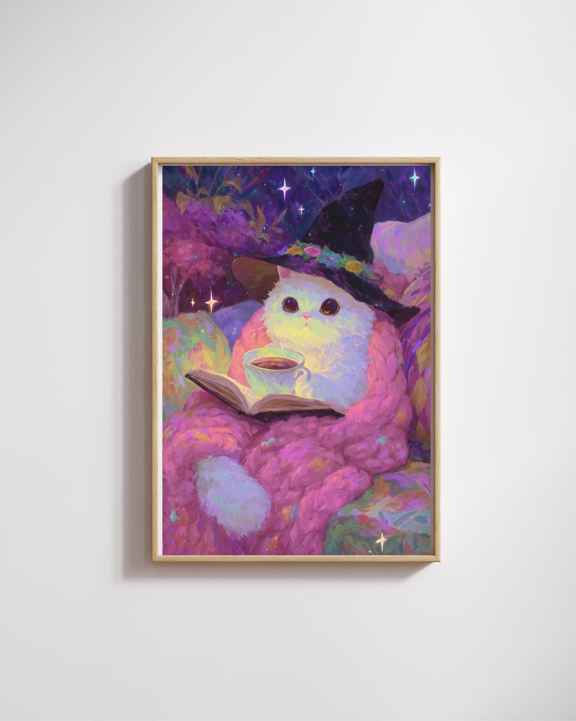 Cozy Fall Cat Art Print Witch Hat Halloween Decor