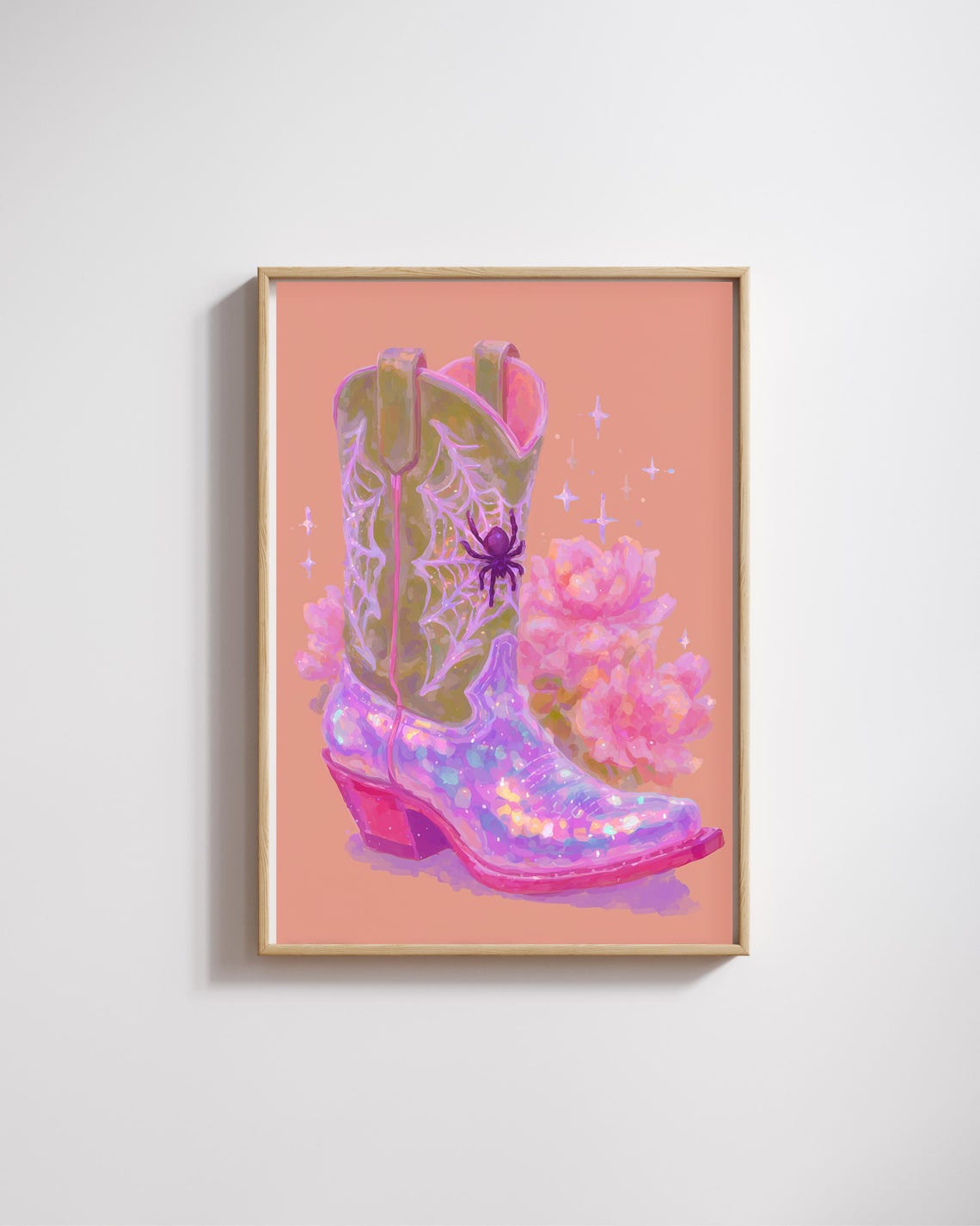 Halloween Cowgirl Boot Pink Glitter Spiderweb Witchy Country Wall Art
