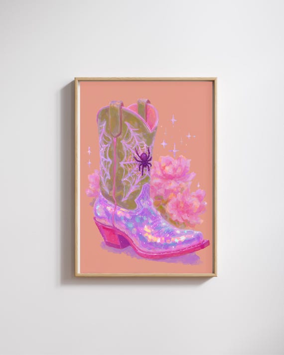 Halloween Cowgirl Boot Art Printwitchy Country Decor Giftpink Wall Pink Glam Boots With Spiderweb