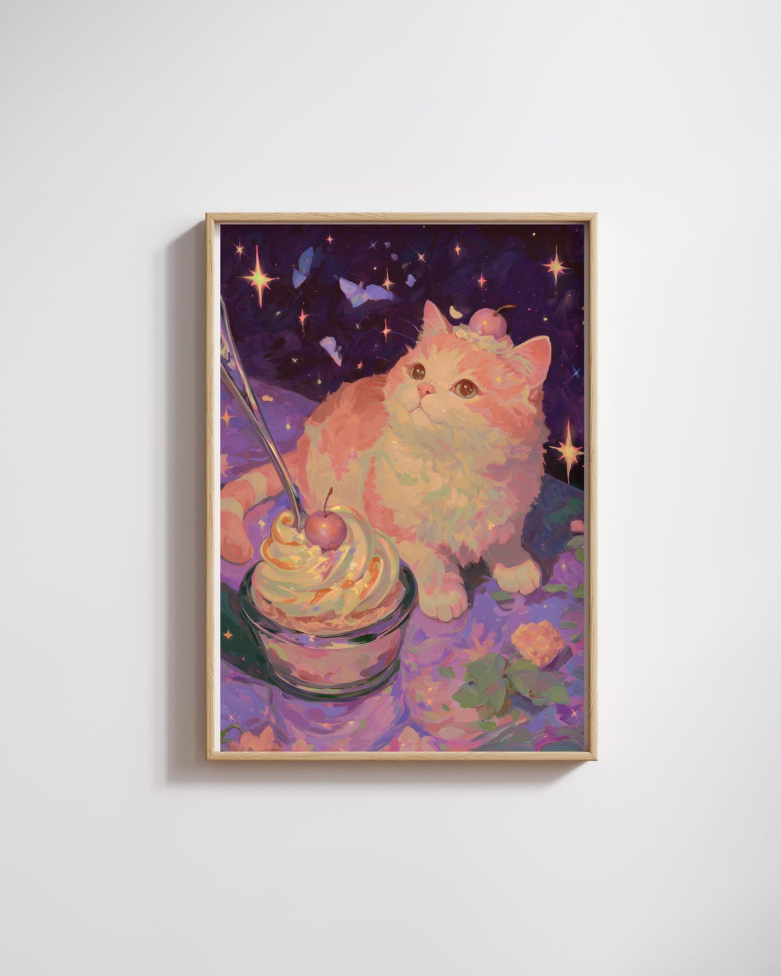 Starry Night Kitten Cherry Ice Cream Sundae Whimsical Art Poster