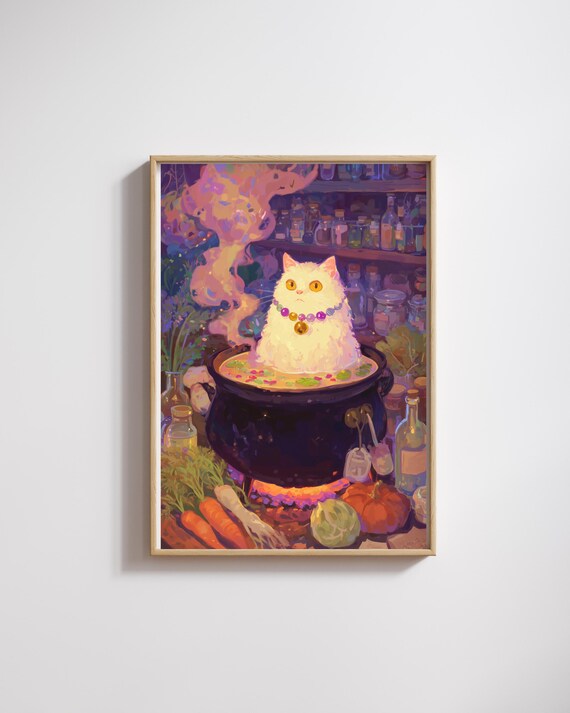 Magical Witch Cat Art Printcozy Halloween Wall Decorfantasy Potion Room Illustrationcute Gift For Lovers Witches