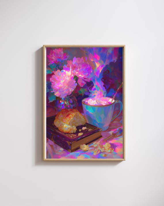 Cozy Coffee And Croissant Still Life Neon Floral Kitchen Art Poster
