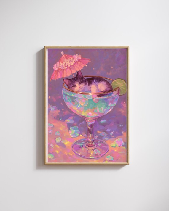 Whimsical Cat Cocktail Art Print Cute Black And White Kitten In Glass With Umbrella Pastel Bar Wall Decor