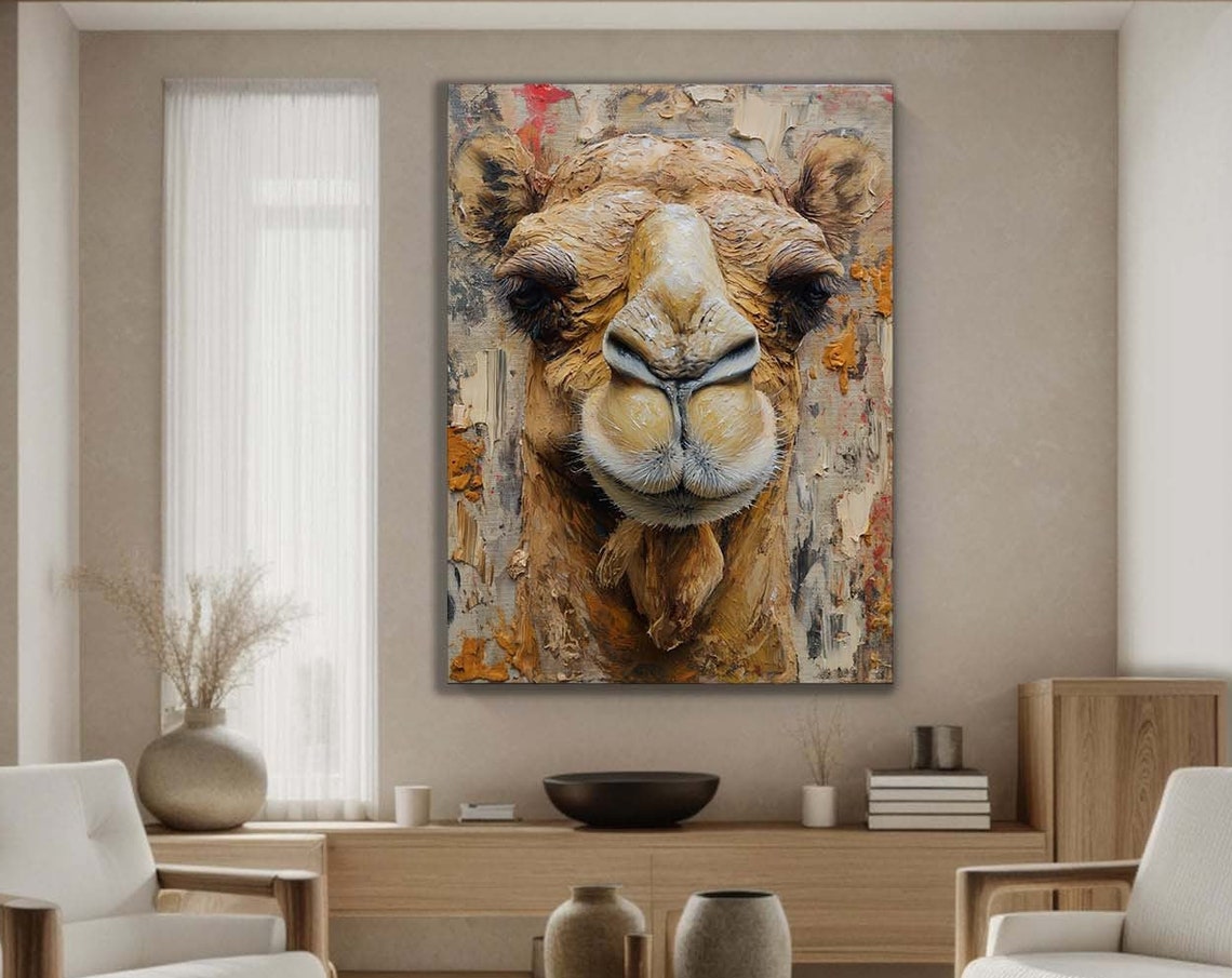Camel Face Close Up Textured Painting Poster Desert Animal Art