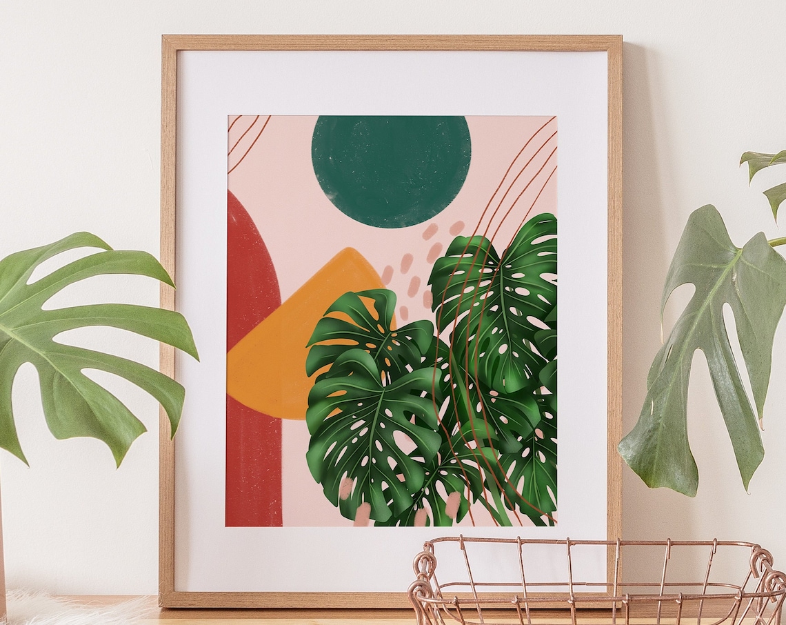 Monstera Leaves Art Print Teal Sun Orange Shapes Pink Decor Piece