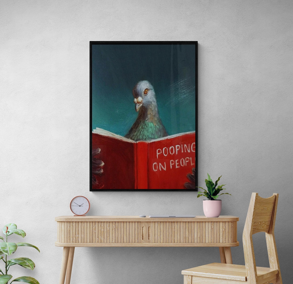 Pigeon Reading Book Painting, Funny Animal Decor