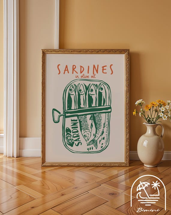 Green Sardine Tin Print, Vintage Kitchen Wall Art